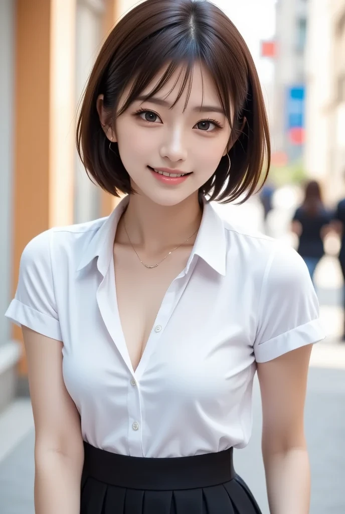 (highest quality,8K quality,masterpiece:1.3),(ultra high resolution,Photoreal:1.4,RAW photo),(Super detailed,caustics,detailed background),(ultra-realistic capture,Beautifully detailed skin,perfect anatomy),daytime,blue sky,garden,16 years old,japanese girl,cute,single eyelid,black hair,short bob,bob cut,Show ears,school uniform,shirt blouse,short sleeve,white blouse,thin fabric,cleavage,big breasts,cleavage,Open the collar,No bra,nippleが透けて見える,nipple,look at the camera,laughter,bust up shot,photo from the chest up,Photo from the front,natural soft light