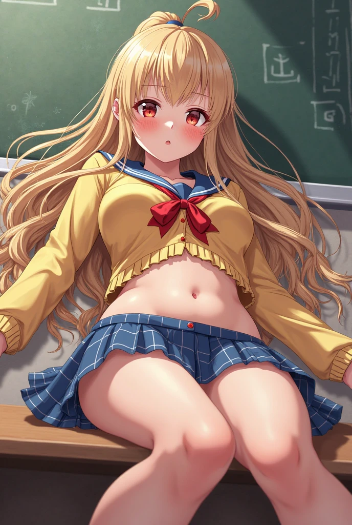 (High resolution:1.1), (absurderes:1.1), Best Quality, Ultra high definition, The highest resolution, Very detailed, Highly detailed face, Anime, 1girl in, anmi, Cute Girl, , blue bowtie, (Red cardigan:1.1), Blue skirt, plaid skirts, (micromini skirt:1.1), micromini skirt, sun light, Long hair, Blonde hair, black kneehighs, Spread legs, White panties, Trees, Autumn leaves, Carpet of fallen leaves