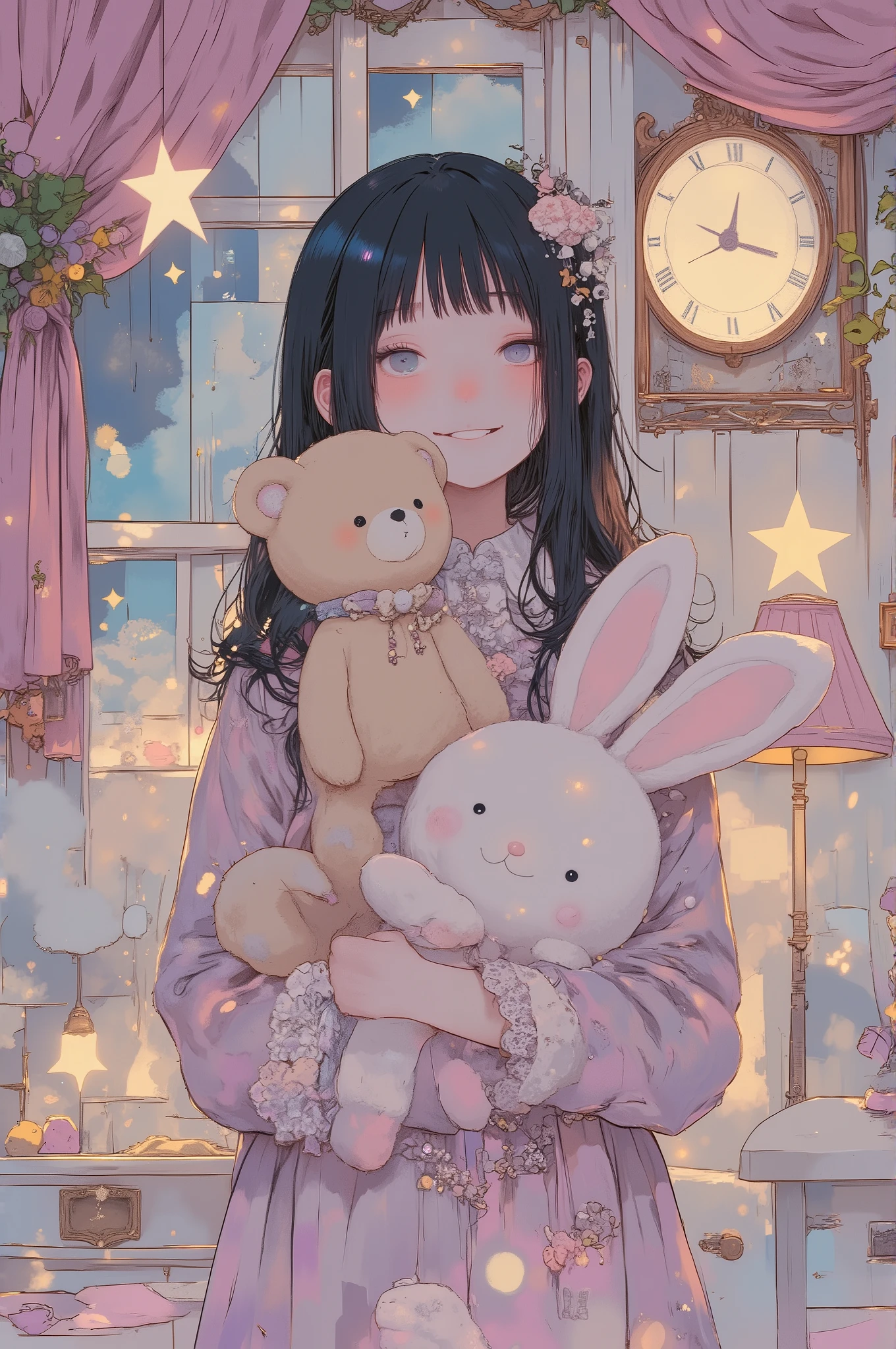 anime-style illustration of a young girl standing in a pastel-toned, dreamy bedroom, holding two large stuffed animals — a smiling bear and a stitched bunny — tightly in each arm
she wears a frilly pastel dress with lace and ribbons, but her expression is blank or subtly eerie, with wide unblinking eyes and a faint unnatural smile
the background features cute elements like star-shaped pillows, garlands, and soft glowing lamps, but some are slightly off — a crooked frame, a plush toy staring directly at the viewer, shadows stretching in odd directions
soft sparkles float in the air, but mixed with faint floating dust or glowing motes that hint at something surreal
the lighting is low and misty, with a faint pink and violet color palette; certain corners of the room are darker than they should be, as if hiding something unseen
the scene feels both whimsical and subtly disturbing, like a dream one can't fully trust
highly detailed, pastel horror-fantasy style, soft textures with uncanny atmosphere, trending on ArtStation, best quality, aidmamj6.1