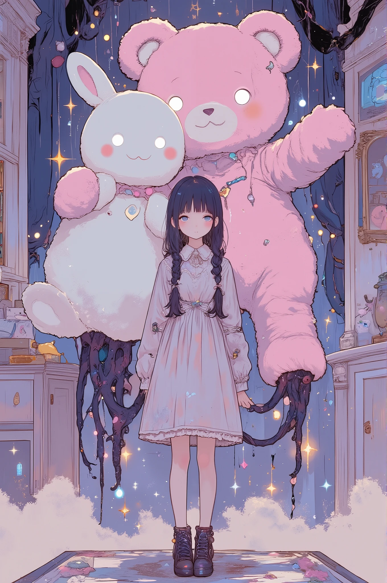 anime-style illustration of a small girl standing in a pastel-themed, dreamy bedroom, gently holding two oversized plush toys — a pink bear and a white bunny — both with glowing eyes and soft stitched textures

but from beneath the seams of each plush toy, dark, slick alien tentacles are emerging, subtly coiling around the girl's arms and hanging toward the floor

the girl, dressed in a frilly pastel dress with lace and ribbons, wears a mysterious, knowing smile on her face — sweet and innocent at first glance, but quietly unnerving

her hair is styled in soft twin braids with tiny bows, her stance calm and composed, as if unaware (or fully aware) of the unnatural presence she's embracing

the room around her is filled with whimsical elements — star-shaped lights, garlands, pastel furniture — but shadows fall strangely, and a few other stuffed animals in the background appear to be watching

the lighting is soft but tinted with lavender and faint blue, casting an eerie dreamlike glow; particles of glowing dust drift through the air

the plushies' tentacles gleam slightly, textured like otherworldly flesh, contrasting with the fluffy exterior of the toys

digital anime painting style, pastel horror aesthetic, ultra-detailed with soft textures and hidden menace, trending on ArtStation, best quality, aidmamj6.1