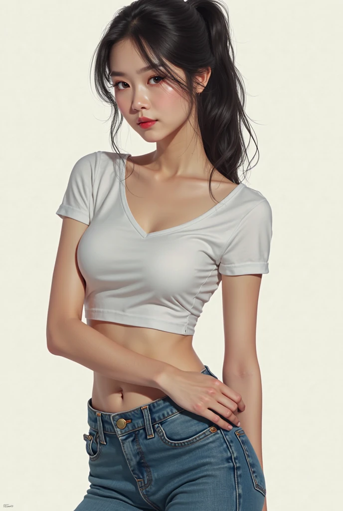 A Chinese woman on the rooftop of a tall building at night, with fluffy hair, delicate face, realistic, real, slim, large aperture, sexy shots, attractive poses, Instagram model, wearing black jeans and light gray top, tight jeans, long pants, cropped shirt, open navel, short sleeves, light gray shirt, tight shirt, black jeans, light gray top,