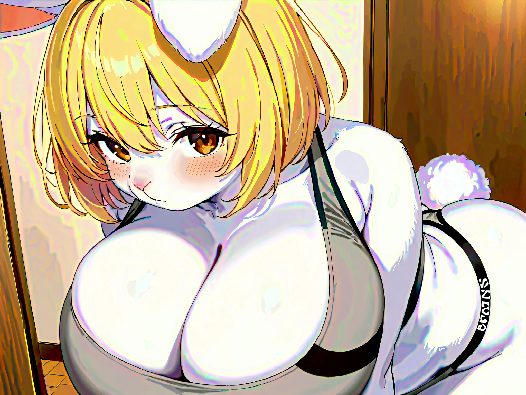 score_9, score_8_up, score_7_up, source_anime, BREAK, solo, solo focus, Opcarrot, 1girl, blonde hair, short hair, furry, white furr, blush, happy, cute, rabbit ears, small claws, breasts, cleavage, room, holding breasts, bouncing breasts, hands in breasts, hands on own breasts, nipples, side, on side, navel, looking down, head down,