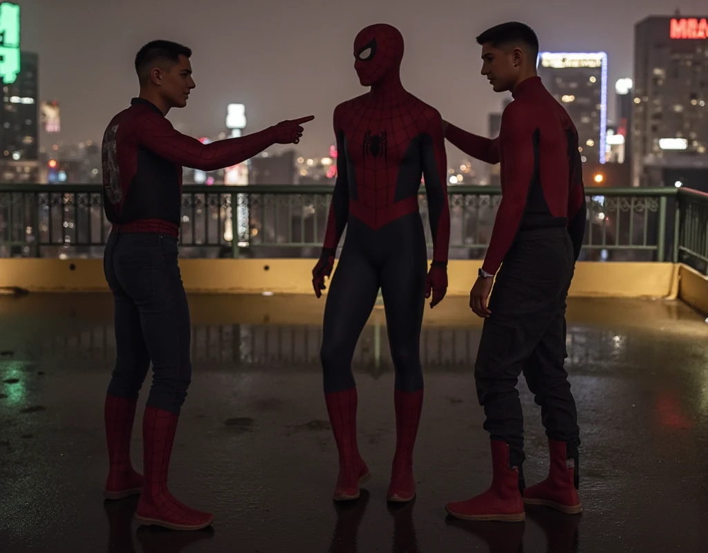 3 spiderman pointing each other, rooftop, night, high quality, intricate details, cinematic lighting, dramatic shadows, moody atmosphere, urban setting, neon signs, rainy weather, reflective surfaces, hyperrealistic, 8k, photo-realistic, masterpiece, vivid colors, professional