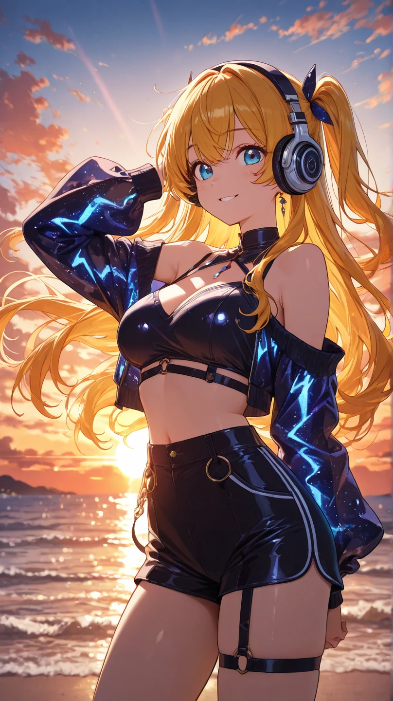 (masterpiece), (best quality),( detailed background, best lighting), (kawaii background:1.3), (extremely detailed fine touch:1.3), (hard light, studio light, light rays, dappled light, reflection, shadows, ray tracing:1.0) , 1girl, blonde hair, long hair, solo, blue eyes, two side up, smile, blush, bangs,medium breasts, navel, blue ribbon, hair ornament, anime coloring, mandala, stained glass, mosaic, snowflake, crystal, gemstone, rainbow, bubbles, (RGB effect:1.3), (reflect:1.3), ((chained_up)), arms rised,