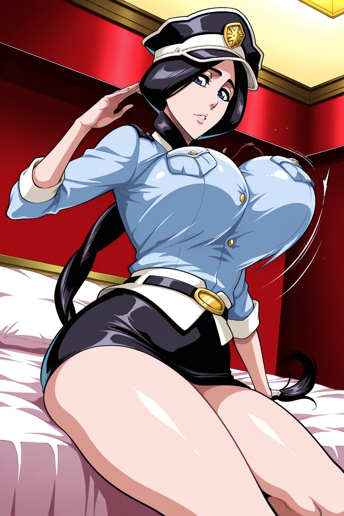 Himejima Akeno、Long Hair、(draw the eyes:1.2)、one person
、blush、smile
、(You can see her chest)
、(Butt Exposed)
、Raise your right leg
、(policewoman)
、(highest quality)
、(Fine skin:1.3)