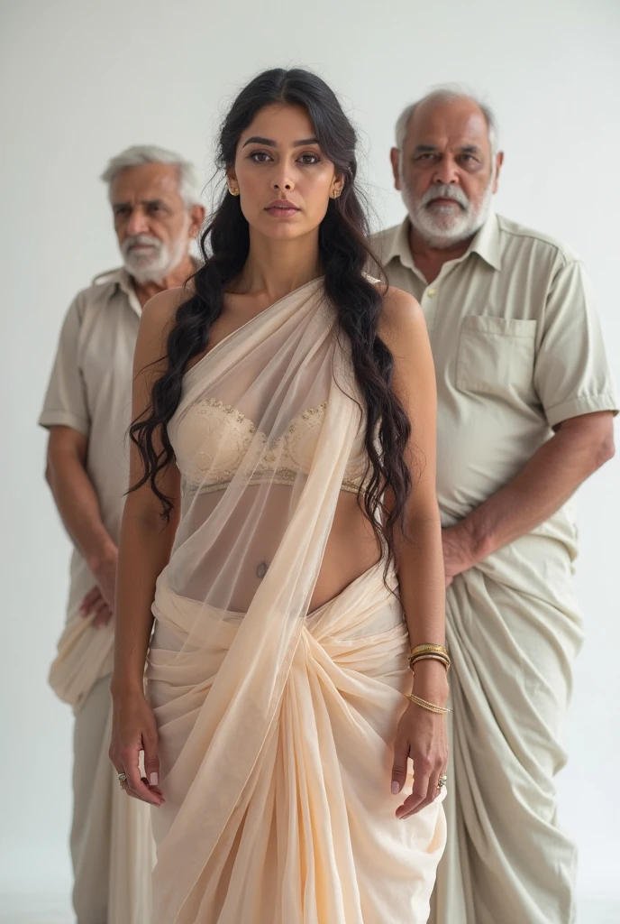 hot slim curvy white south indian milf with long single plaited hairstyle, big breast, big hip, very big ass, thick thighs, woman wearing sexy transparent saree, sexy pose, group of indian fat old man standing hugging woman, in white blank room, woman looking at camera