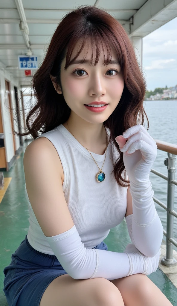 ((Top Quality, 8K, masterpiece:1.3)), (Focusing:1.2), (Perfect Body Beauty:1.4), ((delicate hair)), Highly detailed facial and skin texture, Fair eyes, Double eyelidd, Glossy skin, Sorrisos, Wearing a necklace, Glossy face, smaller face, (tits huge:1.4), 20yo, Beautiful smile, (multicolored cotton), (half open casual t-shirt:1.4), (Seoul's Han River promenade overlooking the blue river)