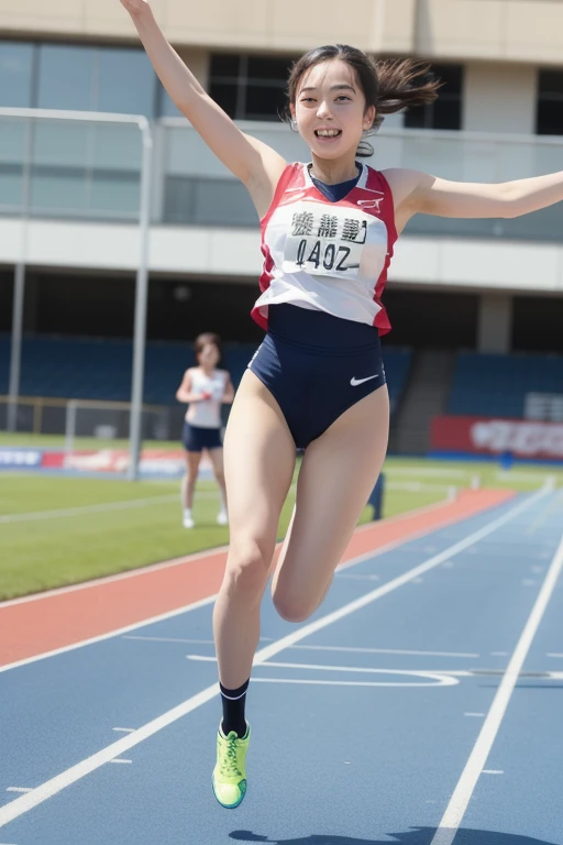 full-body shot、(Beautiful 14 year old Japanese female track and field athlete), Cute face, (Deeply carved face:0.7), (freckle:0.6), Soft Light,Healthy and fair skin, Shy, Bob Hairstyle、 (Serious expression), (Bright Eyes), Athletic field, athlete, Thin、Knickers、(high jump)、auxiliary、Prepare