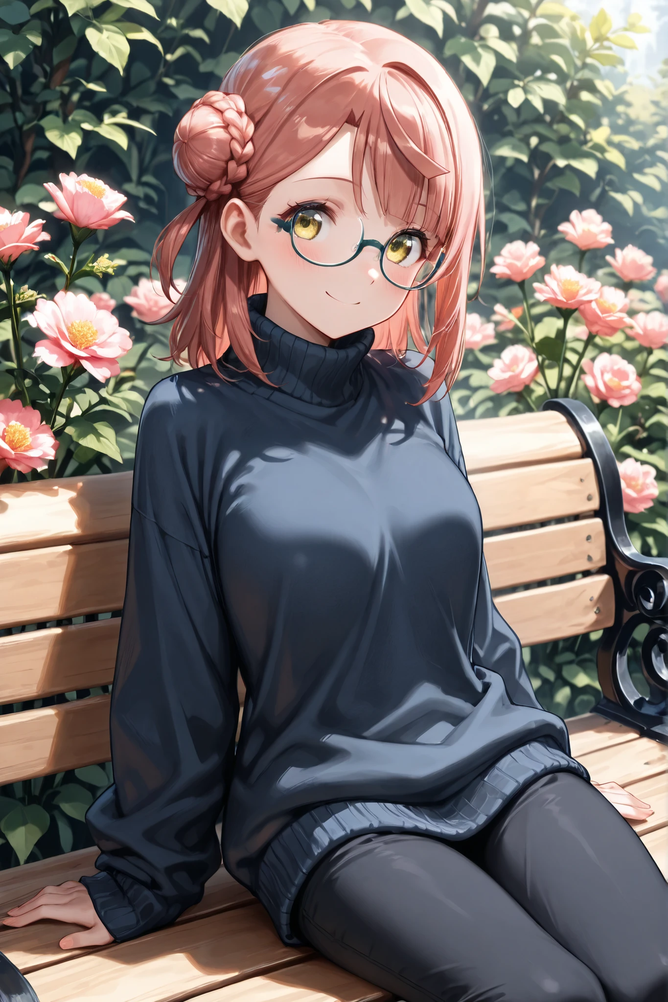 ((Masterpiece)),((best quality)),((incredibly absurdres)),((8K)),(semi realistic),
1 girl,young,Ayumu Uehara,yellow eyes,pink hair,medium hair,braided bun,hair bun,medium breasts,
(black eyewear),(square glasses),(navy blue Plain turtleneck sweater),black skinny jeans,shirt untucked,
smile,looking at viewer,
sitting on bench,
Botanical Garden,(flower garden,pink carnation),
Particle, portrait,Soft light,Lighting,
medium shot,