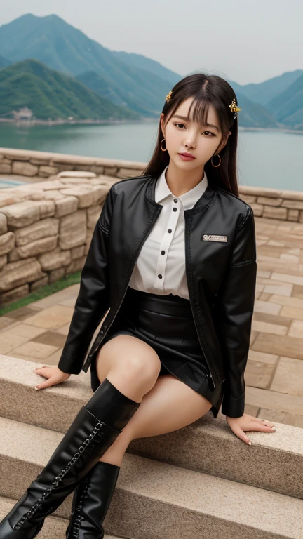 Posing with a police car, photograph,Raised to be y, police formals, Dressed as a police officer, Bobby, formal, , full order, Female Police Chief, Korean female fashion model,tight,Hip-hugging skirt,A short skirt that fits snugly around the hips,Boots up to the knee,Pear-shaped body,Long legs,Wear different colors,(White skin),Lace-up pane、Open shirt