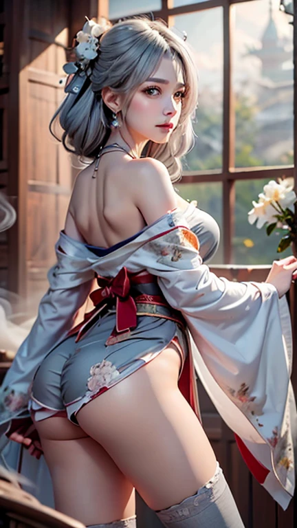 Wearing a transparent kimono and spreading her legs、big breasts、beautiful body、half naked、No panties、beautiful pussy、Frozen ice queen meditates on her knees showing her ass and pussy