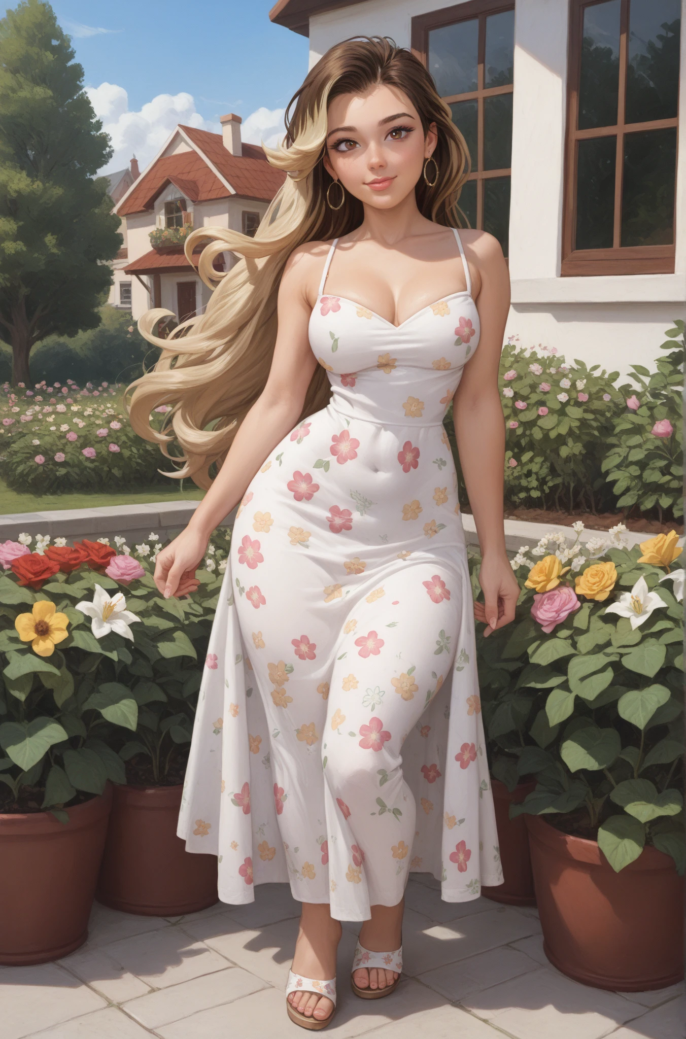 An extremely beautiful stunning woman with a perfect busty body, gold blonde long silky hair, big blue eyes, extremely super bright snow white fair stunning flawless glowing lush shiny flawless white skin, a perfect tight hourglass figure, and a skinny waist, sexy thick smooth luscious legs and thighs, extremely cute smile on the face, bright pink blushes on cheeks, wearing a short tight revealing white floral dress along, a pink sash around the waist and a brown off-shoulder sweater, yellow heels, gold necklace on the neck, gold anklets on feet, gold chain on the waist, standing straight, holding a red roses bouquet, street in the background, show full body from head to feet.