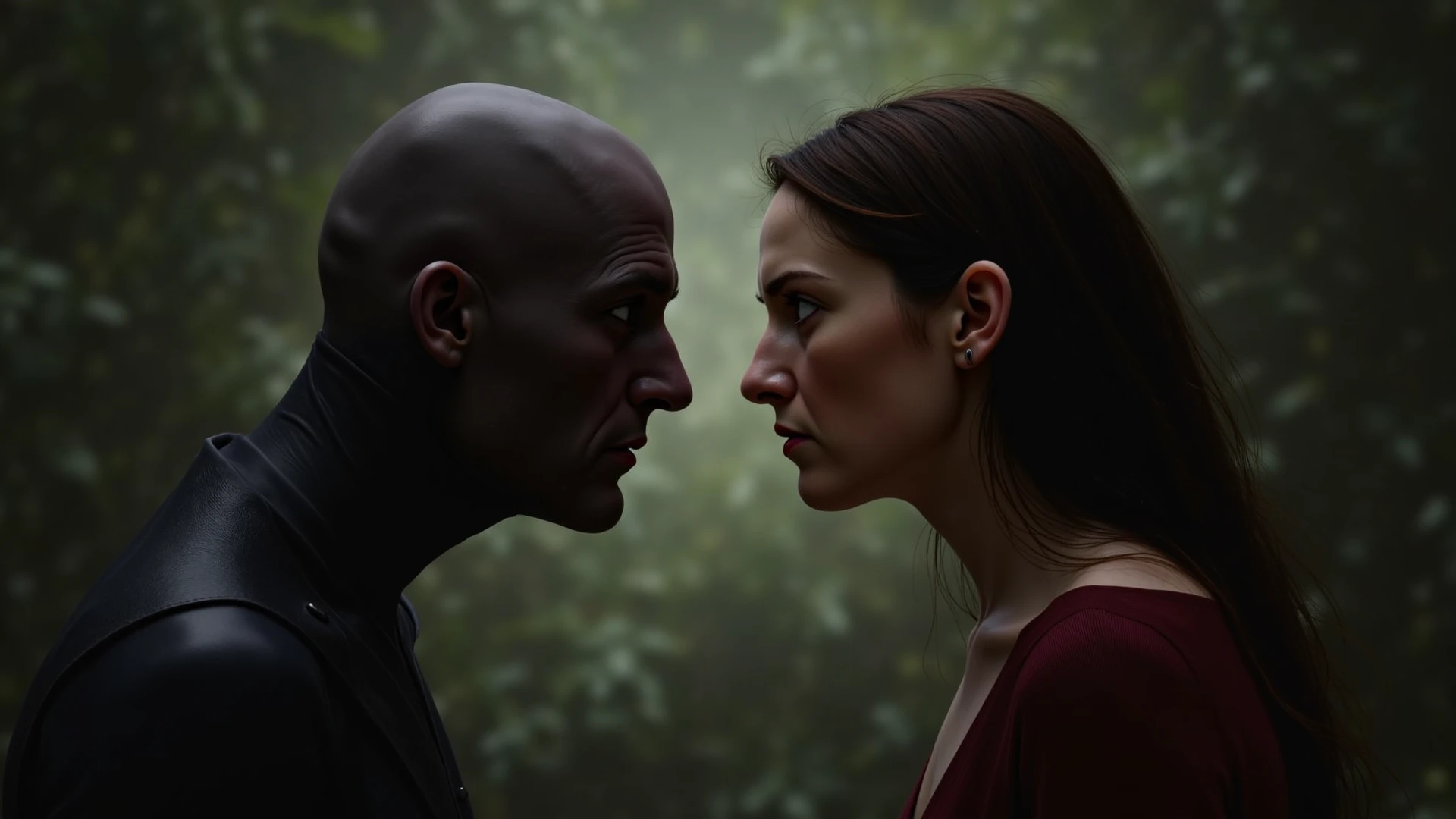 a male orc and a female elf black and white photography of kiss,close-up shot,eye-level angle,centered subject,shallow depth of field,at a hotel,(composition),flat color scheme,Double Complementary (Tetradic) color palette  sarcastic,(night shot:1.2),shot on Fujifilm X-S10 with Fujinon XF 10-24mm f-4 R OIS WR,photo by Berenice Abbott 