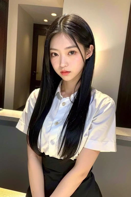 highest quality、8K、ultra high resolution、Super detailed face and eyes、Highly detailed face and skin texture、glowing skin、shiny skin、master piece:1.3、1 girl、A beautiful woman with slim abs as an accent:1.3、super detail face、delicate eyes、double eyelid、full shot、20-year-old、Smile with your teeth out、A sloppy smile、((black hair、dark blue hair))、long hair、skirt、long sleeve、straight hair