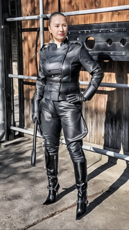 woman in leather outfit standing in front of a wooden building, wearing a full leather outfit, a black dieselpunk policewoman, leather clothing and boots, nurse's leather suit, leather, in leather armor, black leather costume, leather armored, wearing leather, covered in full leather armor, dieselpunk look, leather hunting attire, black leather armour, wearing leather assassin armor