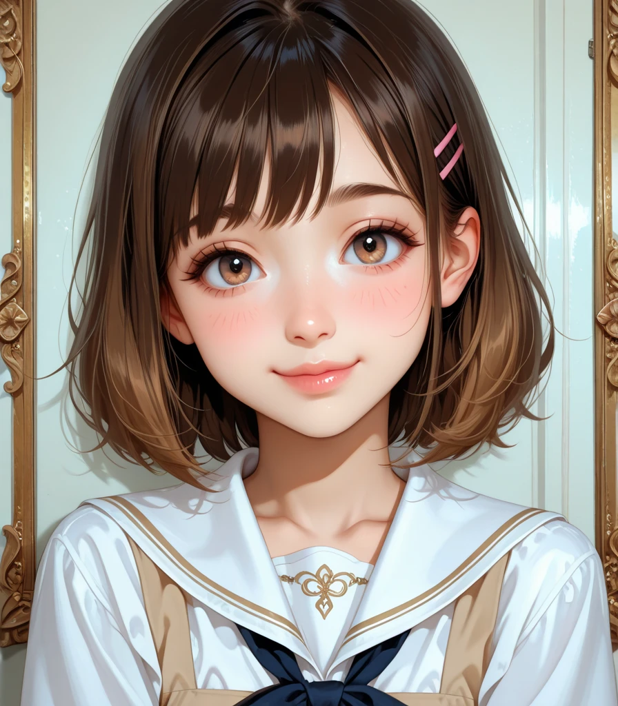 there is a girl with a bow tie and a book shelf, kawaii realistic portrait, detailed portrait of an anime girl, Smooth Anime CG Art, realistic anime 3 d style, beautiful anime portrait, portrait anime girl, portrait of cute anime girl, realistic anime art style, realistic young anime girl, Anime Realism Style, photorealistic anime girl render, artwork in the style of guweiz
