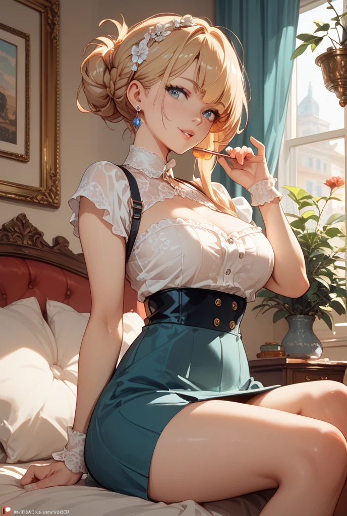 (masterpiece:1.2, best quality), (mature female:1.4), (milf:1.25), (smirk), wet shiny skin, 1lady, solo, nude, cute, (slender:1.2), slim, cleavage, hearts in pupils, girl athletic body, long blonde hair, messy hair, green eyes, medium breasts, (negligee:1.2), (one breast out:1.3), clothes pull, (breast slip:1.2), <lora:oneBreastExposed_11:1.2>, heavy breath, (eyes rolling:0.5), best quality, sweat, masterpiece, best quality, detailed background, green bed,