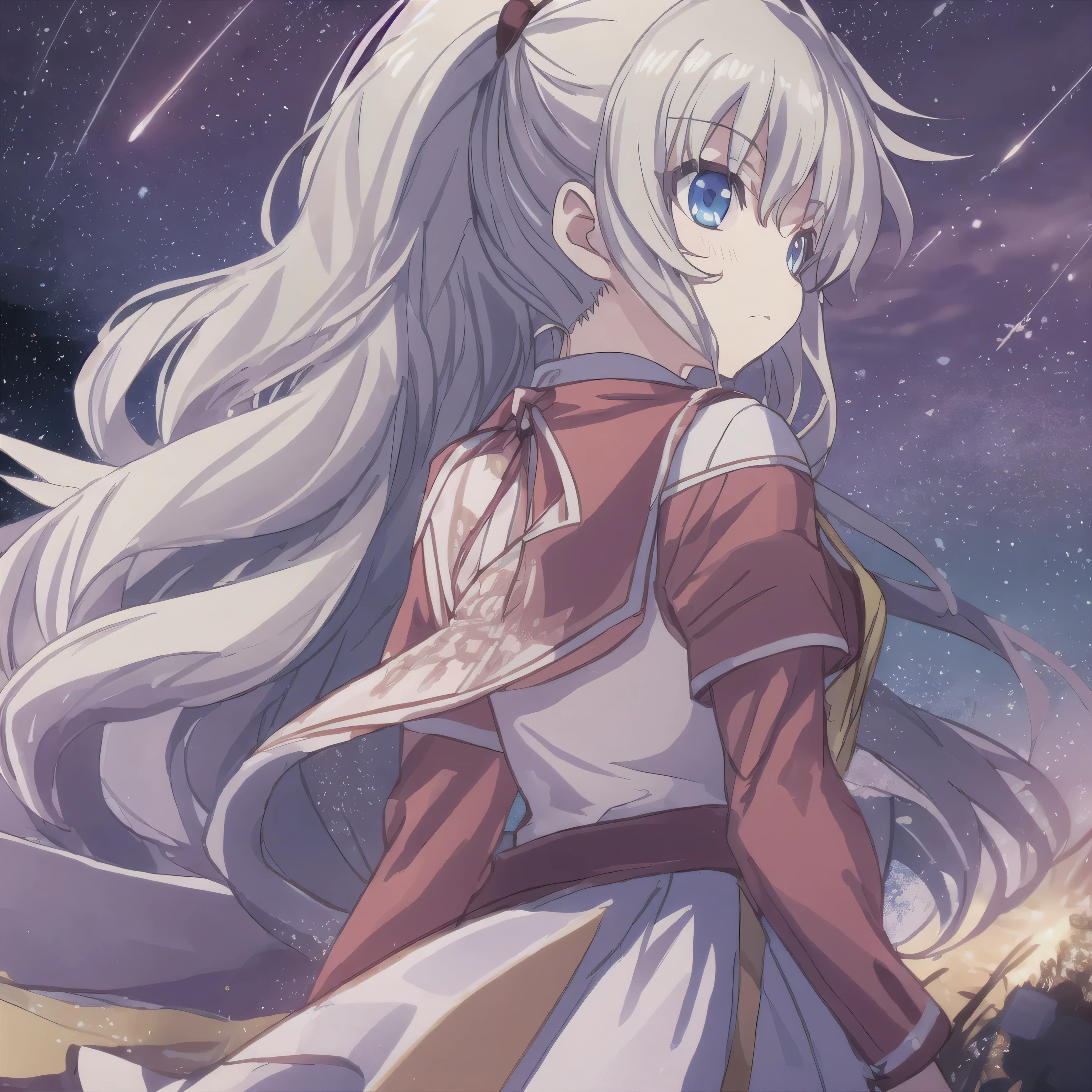 (hanging next to it, masterpiece, high resolution),1 girl,alone,long hair, double ponytail, bangs,Cowboy Shooter, blurry,wind,lightweight particles,(super detailed), REAL LIGHTING , 4K, 8,000,white dress , skirt,White hair, long hair,night,Sky,Star,Stars,抬头望向Sky,background, looking back at the audience ,Back,lol