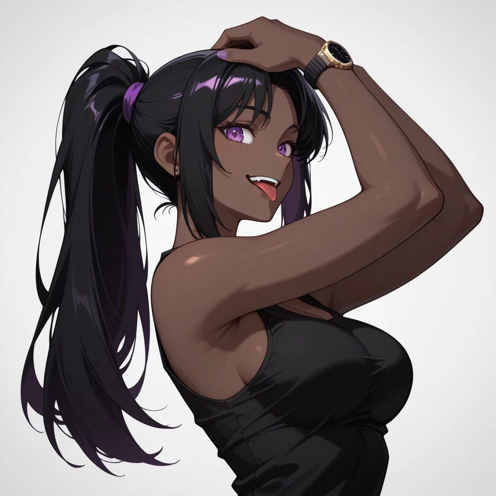 (Best quality:1.3), tan skin, dark skin, black high ponytail, purple eyes, large breasts, white tank top, glowing eyes, close shot, (blushing: 1.2), smiling, red hair ribbon, (slightly muscular: 1.2),  