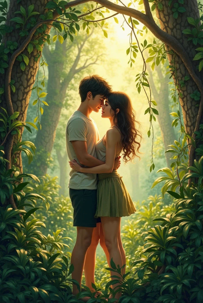 Brunette woman 1.60 meters tall curly hair thin body inverted triangle in the forest kissing Percy Jackson, both 20 years old