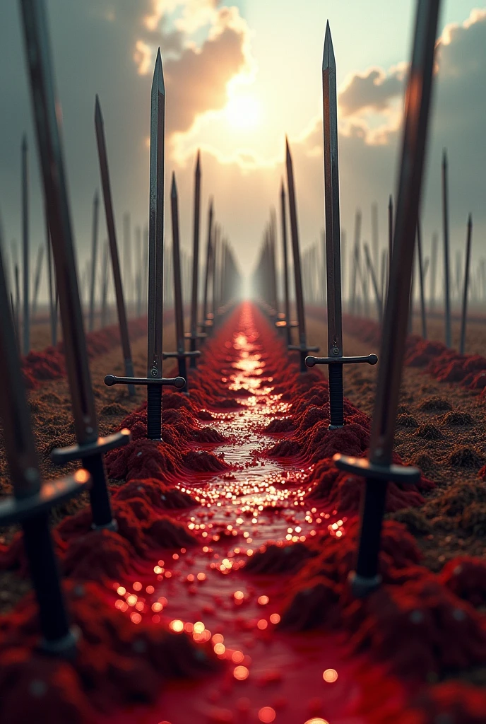 best quality，masterpiece，Ultra-high resolution,(Reality:1.4),RAW photos，War，There is blood all around，A battlefield with broken swords stuck in the ground，Style similar to Attack on Titan，Don&#39;t add characters
