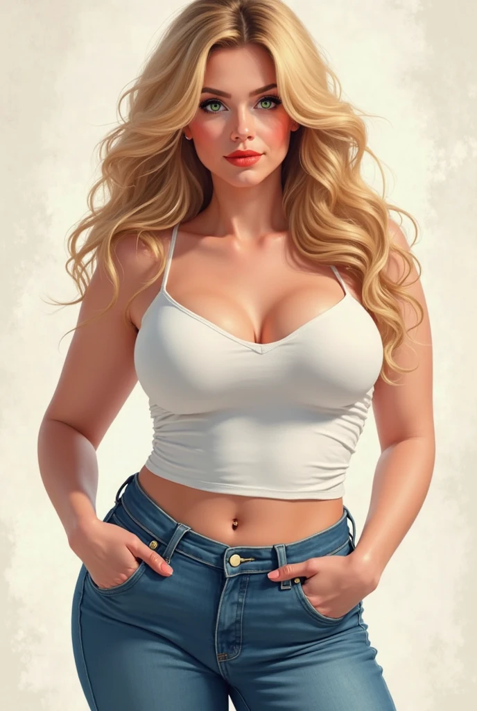 Atraktives Farz, mature, want to fuck, sexly, sexually excited, slinky, tight top, heavily made up, eyeliner, mascara, eyelash extensions, Red lips, Huge, PROTRUDING BREASTS, wide hips, narrow thalie, protruding ass, 15, blonde hair, rippled hair, enge Jeans, Skin-tight white top, huge round artificial breasts, heavily obviously made up, huge elaborate wide earrings, a lot of jewelry