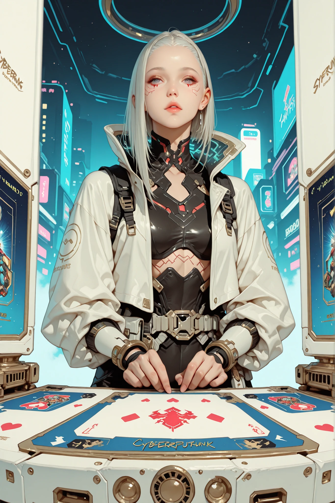A beautiful white card game card (((with cyberpunk fantasy edges))), with a beautiful warrior printed in the Final Fantasy aesthetic and style.