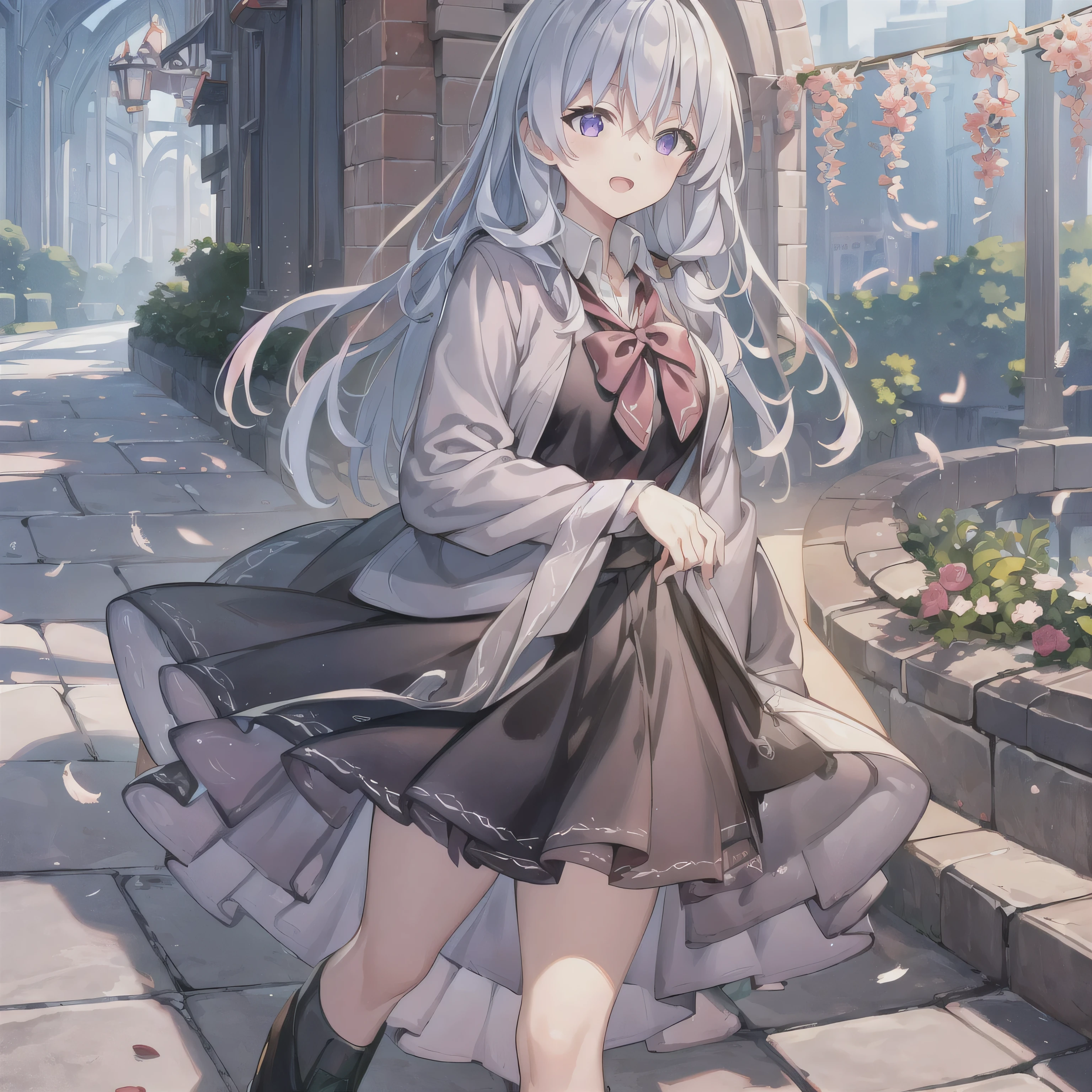 WHellote hair, long hair,( purple eyes:1.5), ( large :1.2),pure wHellote background,
1 girl, school uniforms, df black shoes, open mouth , outdoor,wind, Game CG Break,,( masterpiece), (hanging next to it), (super detailed), very beautiful, Newest, Beauty illustration, skin is super delicate, sHellony skin, ( masterpiece), (hanging next to it), (super detailed), very beautiful,New, Newest, ,Hello ,feathers_,2023,2024, milk,Digital Media (artworks), Real light , 4K, 8,000,