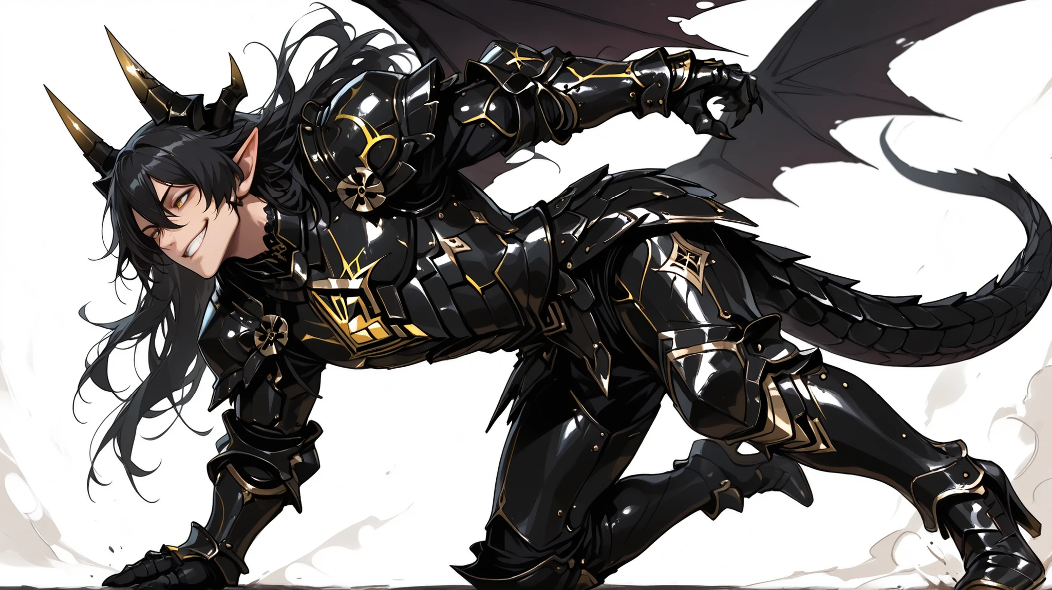 score_9, score_8_up, score_7_up, absurdres, 128K Ultra High Resolution, (masterpiece, best quality: 1. 5), high definition, highres, 8K wallpaper, CG, (((Anime))), (1 male), solo, lean body, (masculine), (floating in the air), weredragon, japanese anime style, glossy black, shiny black leather, ((beautiful golden eyes, finely detailed eyes, bright eyes, vertical iris)), hair between eyes, black hair, long hair, sideburns, wild hair, unkempt hair, (sly grin, smirk, evil smile), teeth, confident, ((ultra detailed face)), shiny skin, long pointy ears, twisted torso, long-legged, sculpted face, wasp waist, dragon horn, dragon tail, dragon wings, dragon sharp claws, (black armor with a lot of grandiose decorations), half dragon half human, dramatic angle, (dynamic pose, combat pose: 1. 5), ((ultra detailed black armor)), black armor with gold accent, all black outfit, full body, emphasize face, focused expression, sharp focus, good-looking man, well-polished black armor, (best illustration), cinematic, dramatic lighting, (intricate detail, extreme detailed, super detailed: 1. 5), ((highly detailed artwork)), dramatic shadows, tenebrism, wonderful pose, chiseled features, stark contrast, heavy shadows, detailed black decorations, beautiful and aesthetic, photoreal, from side, (mysteriously crafted black metal armor: 1. 5), sparkling accessories, thick and luxuriant hair, ((ultra detailed fantasy black armor)), dressed in black, broad shoulder, true-to-life visuals, artistically refined, dramatic contrasts, ((extremely delicate and beautiful armor, elaborate armor details)), ((dark armor, stylized armor)), exquisite goldwork, wonderful black armor, armor with intricate engravings, ((armor-type high heels)), ((detailed shoulder armor with intricate engravings, gold accent black armor)), very gorgeous and dazzling, ((dark fantasy black knight)), slim waistlines, wide chested, sinewy body, (((Hyper Detailed & Perfectly Designed Black Armor))), (simple white background), windy