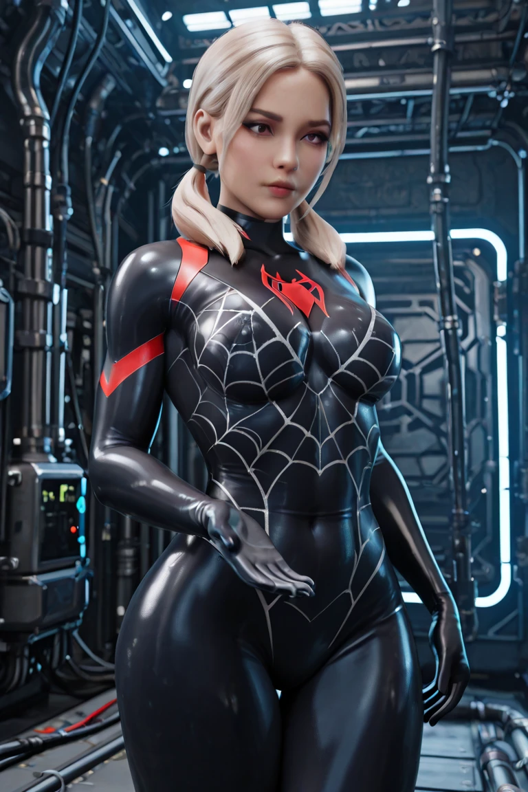 4K，realistically，charming，very detailed，There is a girl in Dingcheng，white hair，Wearing black costume，（black and white：1.4）,Clothes torn at night,symbiont，poison，lots of mucus,She is a hero，(Spider-Man fought fiercely with the symbiont. To get rid of the venom, Spider-Man used the powerful sound waves of the church bells to interfere with the symbiont's venom attachment and took the opportunity to tear the venom apart.) ,Black superhero theme，in front of the sky，complexion，( spread legs， camel toe，， vulva shape：1.3）,(GGcamel toe:1.3)，25 years old，Full body female love