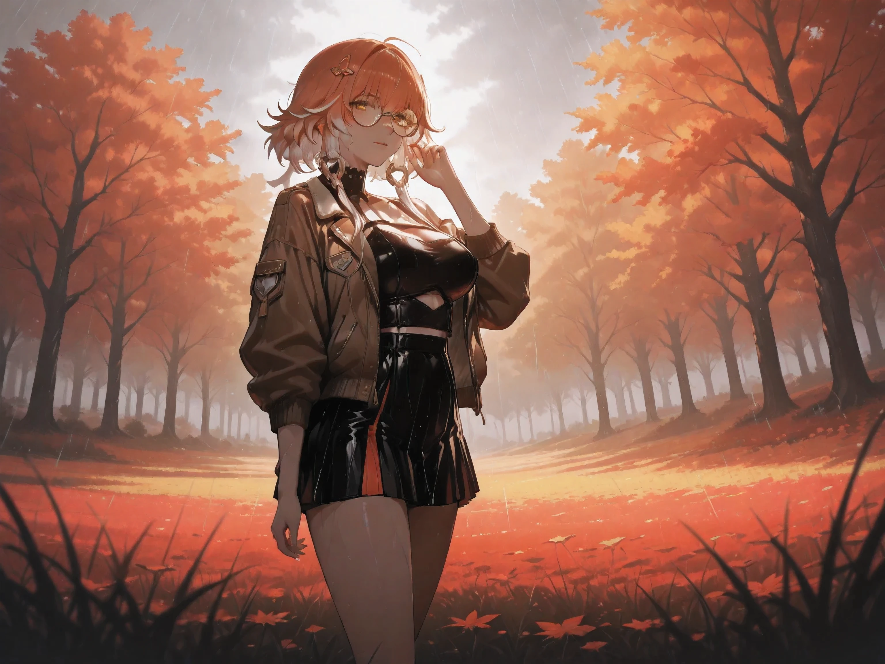A Realistic image, extremely sharp focus, crisp details, high resolution, low light, cinematic, fashion photography, 4K, 8K. (correct anatomy and detailed hand). A wide angle shot, side view, a detailed, high quality rendering of changli-wuwa. She wears beautiful, detailed round eyeglasses, she wears a bomber jacket and miniskirt. She has a beautiful large breasts. She has a beautiful face details, a beautiful detailed yellow eyes, multicolored hair, white and pink hair ,hair ornament, detailed hands, five fingers and a real human skin, her expression is embarrassed and she looks at the viewer. On the field, dynamic pose. Rain, autumn, dramatic cold soft light casting soft natural shadows, cold and warm color pallete. the background has highest detail, detailed background and depth of field.