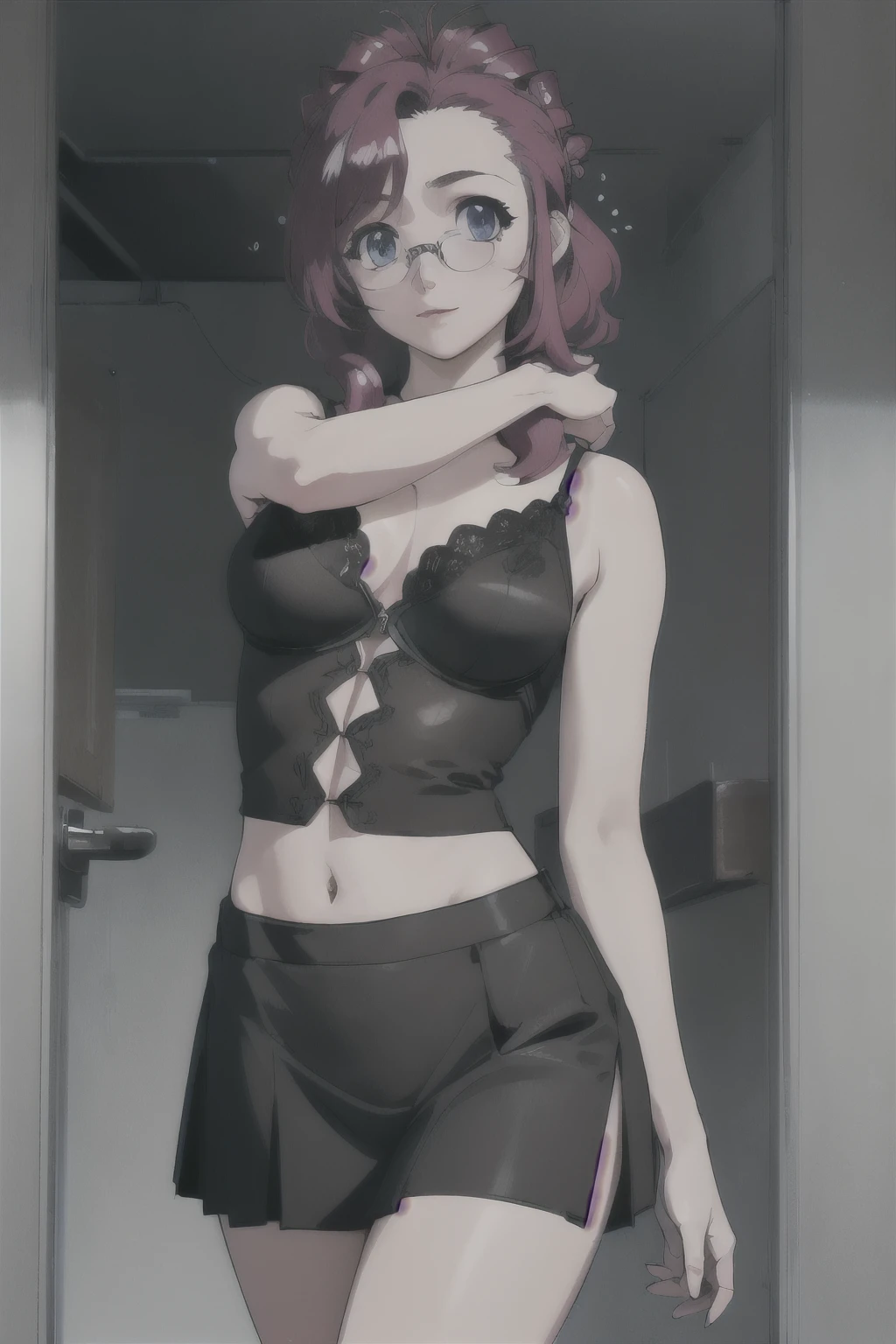 (hyperrealistic), (illustration), (high resolution), (8K), (extremely detailed), (best illustration), (beautiful detailed eyes), (best quality), (ultra-detailed), (masterpiece), ( wallpaper), (detailed face), solo, 1 girl, white wavy hair, english, heterochromic eyes, glasses, small moles under the eyes, tight white lace brassiere, short pleated skirt, big breasts, long legs, tight abs, dynamic pose  