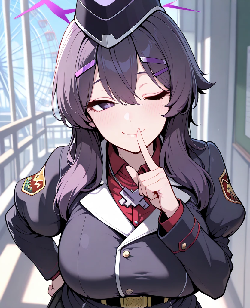 (masterpiece, Best Quality), super detailed,big breasts, BREAK sexy, ,( eyelashes by applying the index finger of your left hand around your mouth:1.0),Well-formed eyes,face close up, (Perfect side of the eye to highlight「Quietly」gesture), (haruka-default:1.3) (Haruka\(Blue Archive\):1.2), lori, purple hair clip ,purple eyes,purple hair,Halo,Garrison cap,black jacket,long sleeve,puff sleeve,red collar shirt,belt,pleated skirt,( necklace:1.2),knee boots indoor, assaulted the classroom,, smile, with one eye closed,Wedding Ferris Wheel,is anatomically correct,