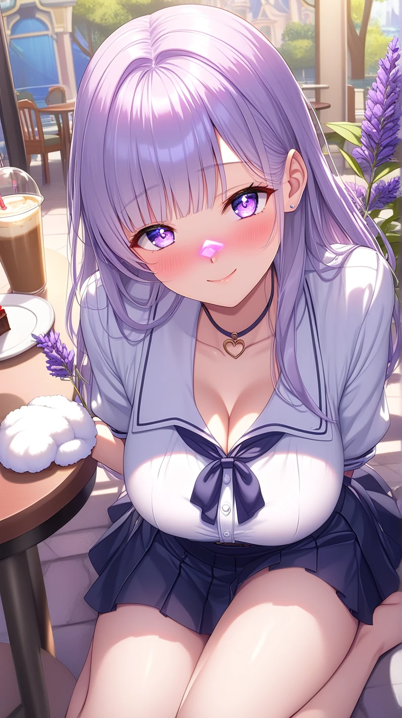 masutepiece, high resolution, 8K, anime woman, Delicate and meticulous text 、detailed digital illustration、(((Straight braids)))、Shiny hair、bangs、(cleavage:1.3),Large breasts,A very beautiful woman、The eyes are twofold, Large, (((The bust is cup A)))、High image quality, High quality、Detailed background、(((Lovely white and lilac school uniform)))、((Beautiful blue sky and school background))、The inside of the eye sparkles like a diamond、Light purple hair、Gradient pupils、(((2 arms、4 fingers, 1 thumb)))、detailed feminine face、Very nice and lovely woman、、细致背景、tmasterpiece、Soft focus , Bright gradient watercolor , Lens flare , (((glitters))) , Glow , Dreamy , Light purple ribbon、Very beautiful light purple rose hair ornament、Light purple and gold uniform,White is the main color、((Immediate front corner))、Gape、A smile、Morning background、rainbowing