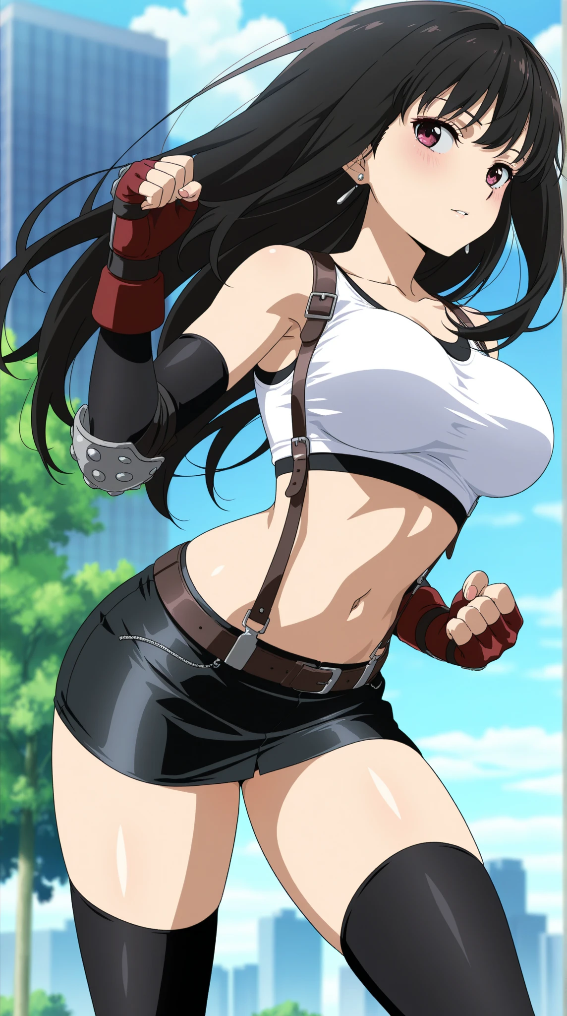 score_9, score_8_up, score_7_up, BREAK, source_anime, masterpiece, best quality, BREAK, Tifa Lockhart, huge breasts, 1girl, motion_lines, motion_blur, sweat, kicking, white panties, angry, city, BREAK, anime coloring, anime screencap, megami magazine