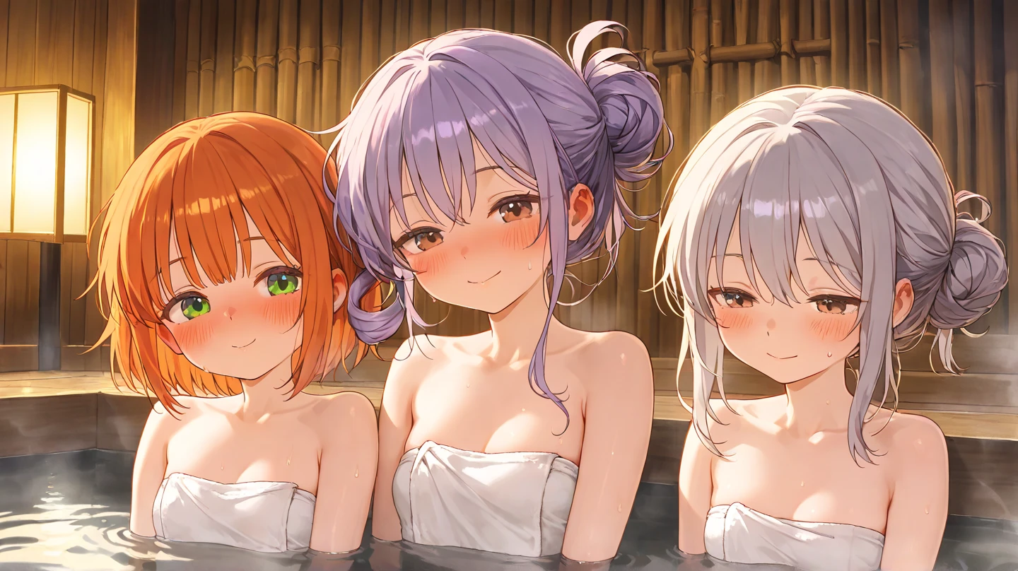 panoramic, (Looking at each other) (relax bathing style), (a 16 yo, crew cut silver hair very short hair divine fighter boy, cool red eyes) and (a 15 yo, green ponytail hair long hair cute girl, cute yellow eyes, medium tits, love smile), break, (in the OPE field natural hot spring, background nature), BREAK, perfect anatomy, masterpiece, best quality, 16k, beautiful detailed grow, daydreaming expression.