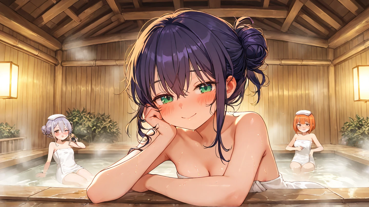 (8K、Raw photography、top-quality、masterpiece:1.2)、Illustration Touch、ultra-detailliert、超A high resolution、1 fair-skinned girl、hot onsen、outdoor bath、Cover the area with a bath towel、Upbeat cheeks、perspiring、Sit up