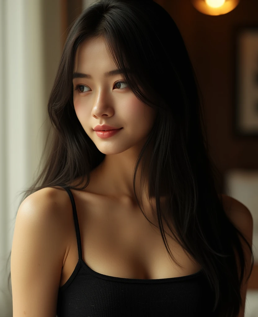 ((best quality)), ((masterpiece)), (detailed), arafed european woman in a bralet, at apartment, half body, perfect breast, beauty long black hair, perfect eyes, perfect face,