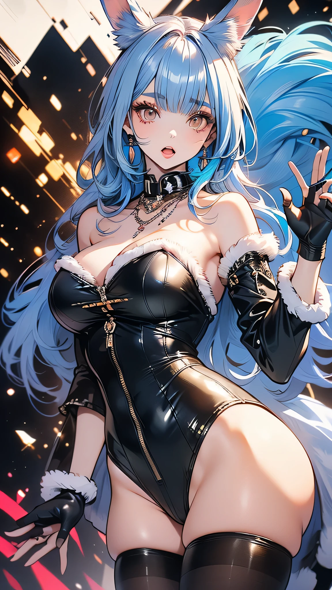 handsome older WOMAN,blue-eyes,blue pupils,Long blue hair,Hyperresolution,accuracy,Detailed rendering,(Subtle facial image)(Image of fine hair)(topquality)(Masterpieces of masters)(High degree of completeness)(A sense of atmosphere)tmasterpiece,Super detailed and super detailed(half-body portrait), long wavy blue hair, (((tHICK WAVY HAIR)))(((ANKLE LENGTH HAIR)))(((Blushing)))(((Huge breasts)))(((LARGER BREASTS))) large breasts, bigger breasts (((Bigger breasts))) (((Blushing))) (((Sakimichan))) (((blue hair))) (((black Rockstar outfit))) (((Leather black outfit))) (((Rockstar)))(((Fishnet tights)))(((cASUAL ROCK OUTFIT))) (((gRUNGE OUTFIT))) (((rOCK MAKEUP))) (((sINGING))) (((bLACK LEATHER OUTFIT))) (((bLACK EYELINER)))(((Fierce expression))) (((Focused))) (((Hair in a long ponytail))) (((Ponytail))) (((Sexy latex outfit)))(((Elf ears)))