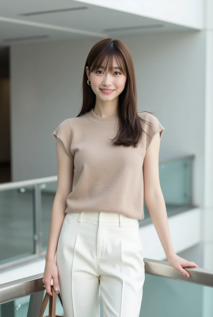Highest quality, shape, Very detailed, finely, High resolution, 8k wallpaper, 完璧なダイナミックな構shape, Beautiful and exquisite, Natural Lip, whole body, front,Large Breasts、University classroom、Pleated skirt、(((Looking into the camera)))、Brown Hair、Tank top、Shoulder bag、Business shirts、Thighs