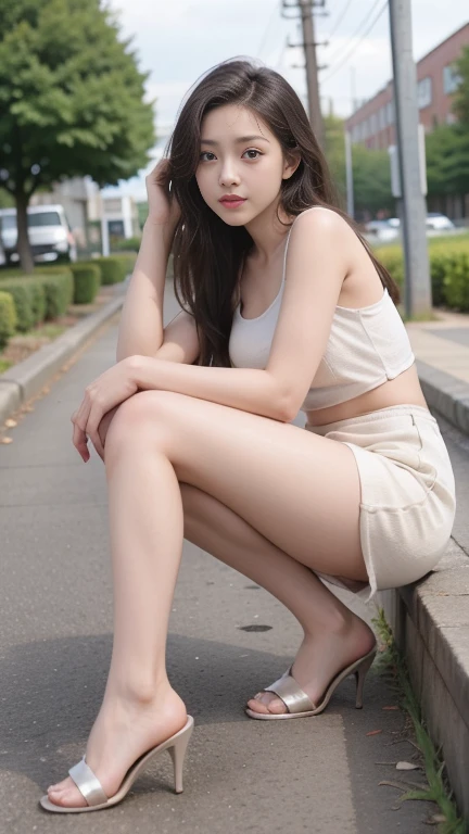 ((Pecho enorme)), 18yr old, very small head)), Daylight, luz del sol, (cuerpo perfecto : 1.1), (cabello corto y ondulado:1.2), dark brown hair, (Cabello de malla rosa y azul, Malla fina), (Toma de cuerpo completo Parada), (Oversized white T-shirt), (minifalda vaquera), (Zapatos de tacones altos), (sudar), (en el parque), (fondo de pantalla CG 8k muy detallado), (extremadamente delicado y hermoso), (Obra maestra), (La mejor calidad:1.0), (超A high resolution:1.0), (realista), Hermoso rayo, Perfect lightning, Sombras realistas, (High resolution), Piel detallada, Ultra detallado, cuerpo delgado), (cabello hermoso), cabello real, Pelos detallados, (Cola de caballo alta), thin clavicle, Hermosos pechos, sonrojarse, fotorrealista, Cara realista, ojos realistas, small eyes, linda sonrisa, (((De color))), (delineador de ojos), (mascara), (sombra de ojos), (NSFW), (toma de cuerpo completo de pie con zapatos de tacones altos)