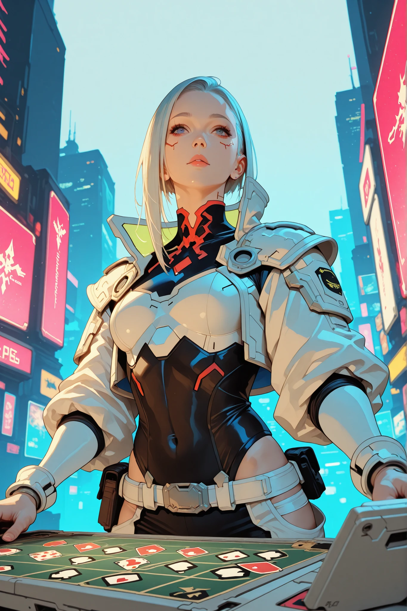 A beautiful white card game card (((with cyberpunk fantasy edges))), with a beautiful warrior printed in the Final Fantasy aesthetic and style.