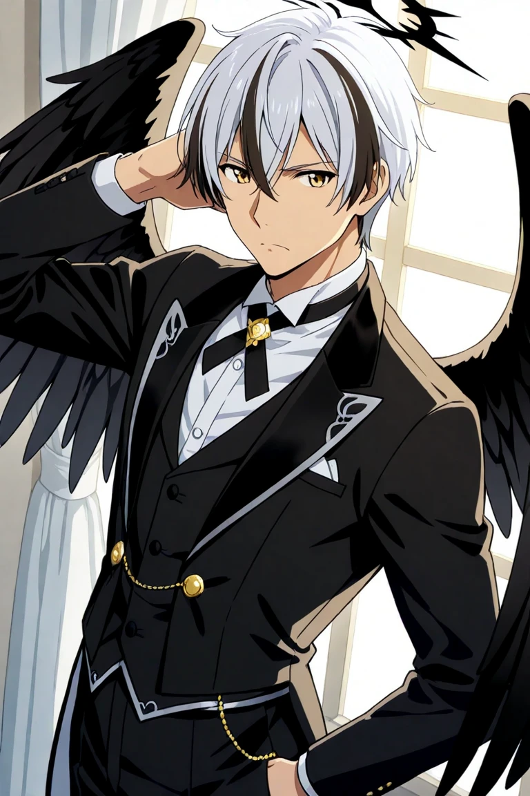Dark brown skin color, boy, feathered wings , white hair completely blindfolded eyes, dressed in dark clothing.