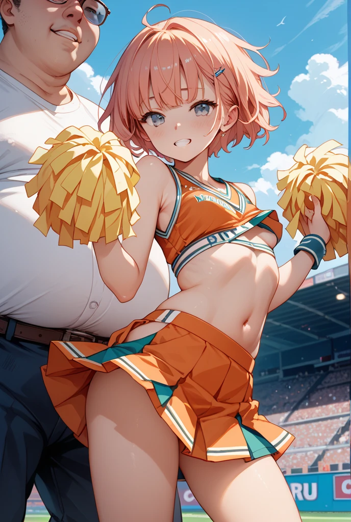 score_9, score_8_up, score_7_up,source_anime,masterpiece,beautiful eyes,textile shading, custics,extremely detailed CG, shiny skin,
1girl,,cute,(12yo:1.2), orange hair,twintails, lite green eyes,short hair, hime cut, (flat chest:1.3),grin,(puffy nipples:1.1),
cheerleader,fat male,faceless male,sex,penis,,stadium,(spoken heart:1.3),(heavy breathing:1.4), (sweat,wet:1.4),half-closed eyes, pom pom \(cheerleading\),reverse suspended congress, standing, lifting person,clothes pull, (grabbing back of thigh:1.4),vaginal penis
