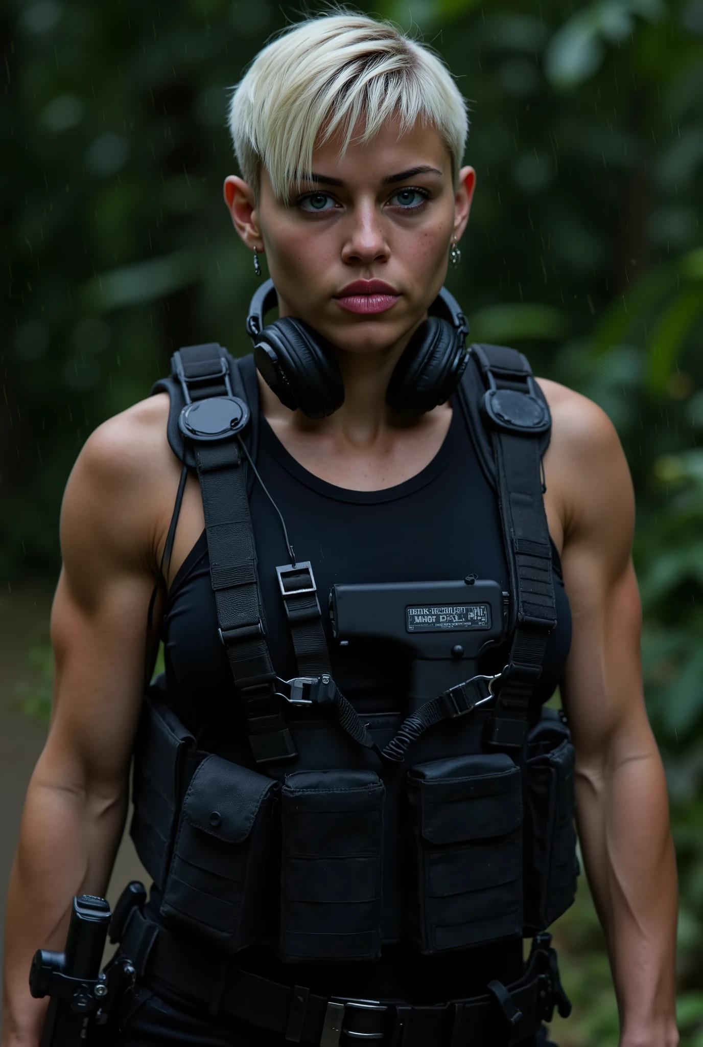 (close-up shot), (facing forwards), looking directly into the camera, A stunning skinny fashion model in full black military gear with tactical vest, utility belt, handgun holster on her side, comm's device, and she is holding a military hand gun. (black tactical vest:1.8), black headphones around the neck, very short buzz cut wet platinum blonde hair, (extremely short wet platinum blonde hair:1.9), (buzz cut), (blue eyes:1.9), (black military tactical gear:1.9), (black utility belt:1.5), (big muscular biceps:1.5), (skinny:1.5) Her expression is very amused. She is walking forwards in a dense jungle at night. Heavy rain pours. The image is ultra high-definition with physically based rendering, detailed textures. (Night time:1.8), (very dark), (detailed face), (highly detailed eyes:1.3), (realistic), (photo-realism:1.4)