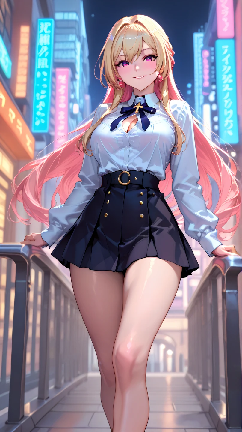 highest quality, Super quality, 16k, Incredibly absurd, Very detailed, delicate, flashy and dynamic depiction, Beautiful cute girl, Large, round, bright blue eyes, Happy, shy, smile, pink twin tails, Big long ahoge, Thin and flat body line, Slim figure, wearing pink and white horizontal striped knee-high socks, pink, black and white crop top, Black Micro Bikini Pants, Red Patent Leather Long Boots, Cute pose, Floating in the air, Rainbow aura effect background