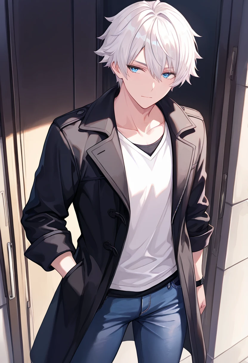 ultra-detailed,(best quality),((masterpiece)),(highres),original,extremely, 1boy, cool, Adult male ,Height 160cm, male college student, white hair, blue eyes,black coat, jeans,