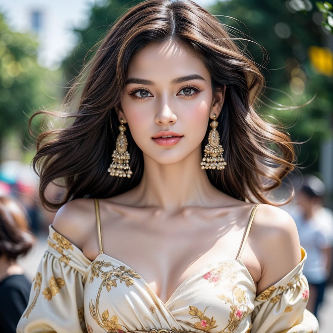 score_9, score8_up, (masterpiece:1.5), ((head to thigh Portrait)), (hyper realistic:1.5), (uhd:1.3), RAW photo, intricately detailed, Create a high quality stunning image of a beautiful girl, extreme details, ultra definition, extreme realism, high quality lighting, 16k UHD, 1 girl, solo, very detailed and sharp facial features, very detailed and shinning glossy hairs, curly hair, very detailed and perfect natural  breasts, detailed glossy brown eyes, perfect beautiful body, vibrant colours, ((A beautiful woman with brown hair and hazel eyes wears an embroidered yellow scarf with gold accents. She is wrapped in the rich colors of oriental fabrics, set against a backdrop of rich fabrics and ornate patterns, necklace and earrings, soft lighting highlighting the intricate details on both fabric and skin, with vibrant red and gold tones  )),Enhanced All
