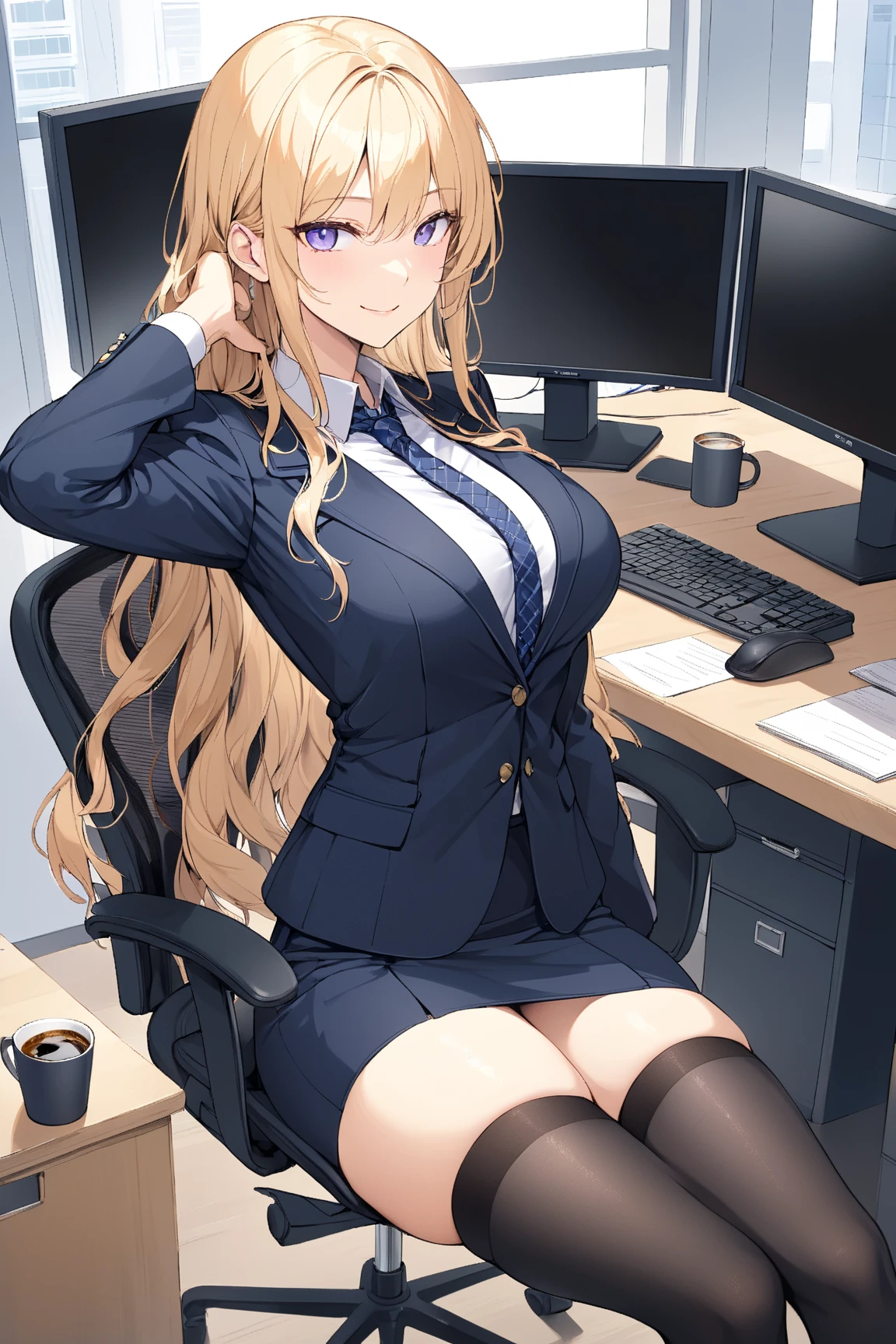 masterpiece, best quality, expressive eyes, perfect face, highly detailed, intricate detailed, atmospheric perspective, solo, 1mature seductive woman lifting skirt, lie sprawled on desk, spread legs, alluring pose, brown semi long hair, neckless, business suit, checked vest, blouse, black pencil skirt, tight mini skirt, pantyhose, panties, curvy, thighs, calm smile, open mouth, from above, in office, at night,