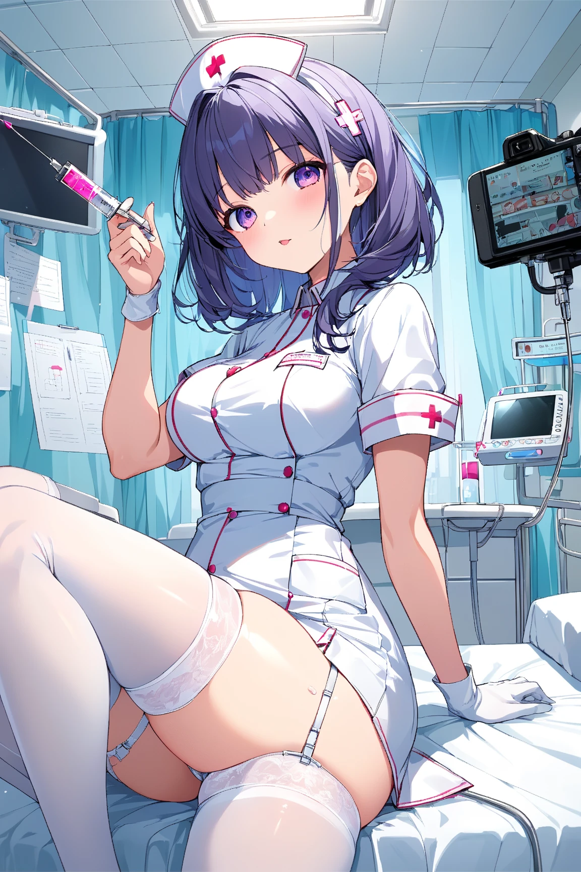 (masterpiece, best quality:1.5), (ultra detailed, high resolution, 8k, beautiful detailed, UHD, best anatomy), 1 cool girl, purple hair, medium breasts, nurse, nurse cap, breast pocket, collared dress, short dress, short sleeves, thighs, white dress, white headwear, hospital room